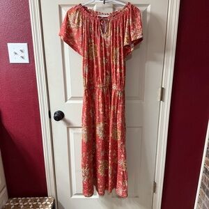CHAPS Floral Maxi Dress Coral‎ Gauze Smocked Waist Tie Neck Flutter Sleeve Large